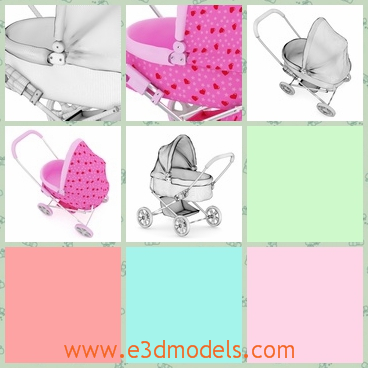 3d model of a buggy - This 3d model is about a cute buggy for babies. This buggy is made of pink cloth and iron and it has four small wheels.