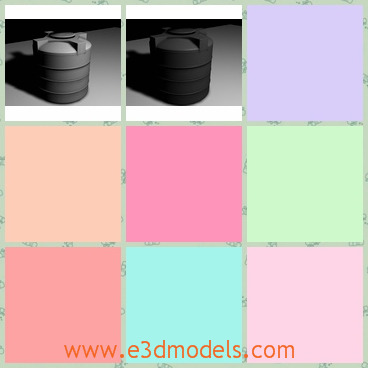 3d model of a water tank - This is a 3d model which is about a water tank. This water tank is made of thick gray plastic and it has cylindrical shape.