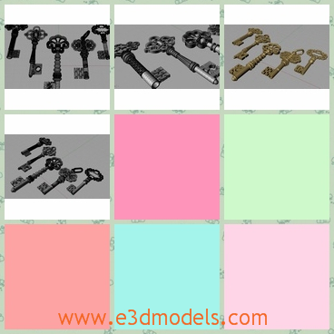 3d model the antique keys - This is a 3d model of the antique keys,which has a gold skeleton and other ornaments.The keys are best for model collection.