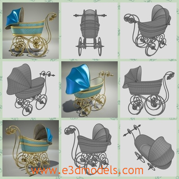3d model the baby pram in fine decorations - This is a 3d model of the babby pram,which is made in fine decorations and the color is pretty.The pram has the wheels with it.