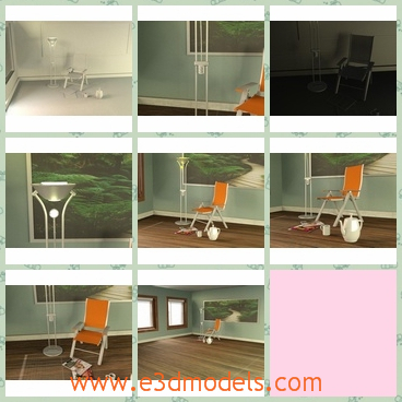 3d model the folding chair - This is a 3d model of the folding chair,which is modern and orange.The model is placed near the window.