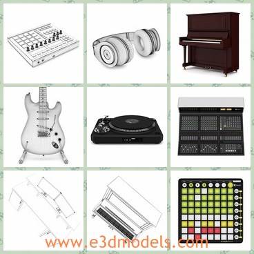 3d model the music collection - THis is a 3d model of the music collection,which contains the keyboard,the headphone,the guitar,the studio equipment and the instruments.