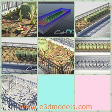 3d model the plant bed with fence - This is a 3d model of the plant bed with fence,which is long and order.The model is filled with flowers and other plantings.