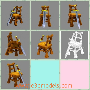 3d model the sword besides the  chair - This is a 3d model of the sword besides the chair,which is the cartoon type.The model  chair is made in wood and the yellow color is charming.