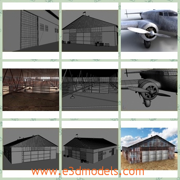 3d model the warehouse for planes - This is a 3d model of the old rusty metal hangar and historical plane Lockheed L-10 Electra.THe model includes detailed textures and standard materials.
