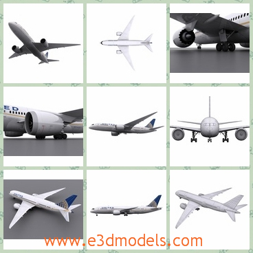 3d model an aircraft in white - This is a 3d model of an aircraft in white and in United color scheme.Models main parts include the main body, doors, turbines, rudder, fairings, flaps, windows and landing gear.
