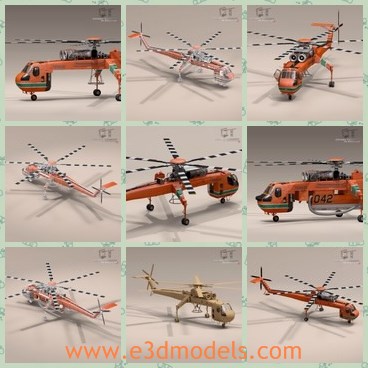 3d model helicopter - This is a 3d model of the helicopter,which is the civil version of the United States Army's CH-54 Tarhe.The Aircrane can be fitted with a 2,650-gallon 10,000 litre fixed retardant tank to assist in the control of bush fires.