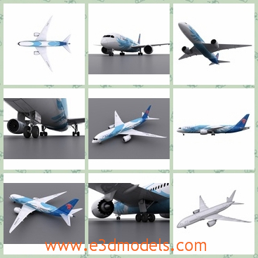3d model of 787-8 aircraft - This 3d model is about a big white plane which has a long body in white and blue colors. Its wings are long and sharp and its elevators and landing gear are small.