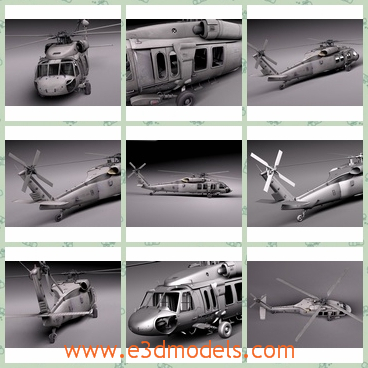 3d model of Sikorsky UH 60 - This is a 3d model which is about a cool military helicopter. This helicopter has a long body and two propellers and it has a detailed interior.