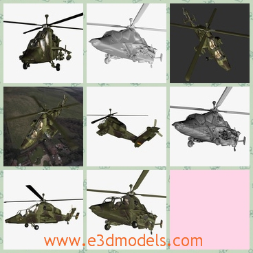 3d model of the Eurocopter Tiger UHT - This is a 3d model of the Eurocopter Tiger UHT.The Eurocopter Tiger is a four-bladd, twin-engined attack helicopter which enters service in 2003. It is in service with the armies of Germany, France, Spain and Australia.