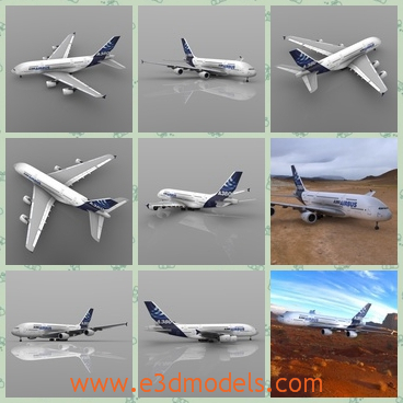 3d model the airbus - This is a 3d model about the airbus,which is the commercial type and is  a double-deck, wide-body, four-engine jet airliner. It is the world's largest passenger airliner.