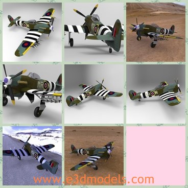 3d model the airplane with strips - This is a 3d model of the airplane-typhoon, which was  a British single-seat fighter-bomber, produced by Hawker Aircraft starting in 1941.