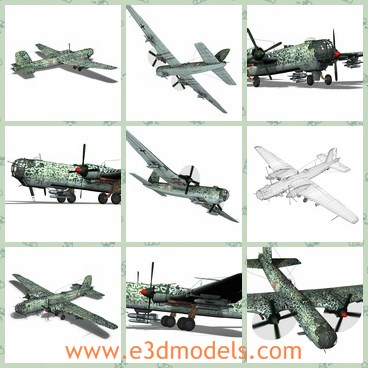 3d model the bomber of Heinkel - This is a 3d model of the bomber of Heinkel,which contains seperate parts for a Flying and a Standing.The model is the common weapon in the WW2.