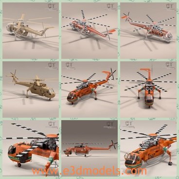 3d model the heavy helicopter - This is a 3d model of the heavy helicopter,which is the civil version of the United States Army's CH-54 Tarhe.The Aircrane can be fitted with a 2,650-gallon 10,000 litre fixed retardant tank to assist in the control of bush fires.