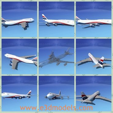 3d model the plane - This is a 3d model of the plane of Boeing,which has two sub variants including the International and the Freighter. It has a longer fuselage than earlier 747 family jumbo jets and a redesigned wing to increase fuel efficiency.