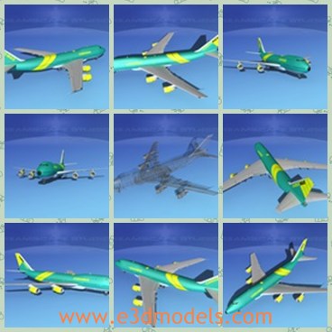 3d model the plane with green body - This is a 3d model of the plane with green body,which is modern and safe.The model held the record for passenger seating and until the start of service of the A380 it was the largest passenger jet in the world.