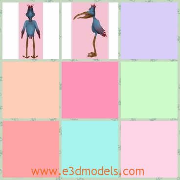 3d model the birl with long legs - This is a 3d model of the cartoon bird with long legs,which is special and uncommon.The model is standing on the ground.