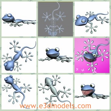 3d model the cartoon lizard - This is a 3d model of the cartoon lizard,which is rigged legs, arms, fingers, hands, feet, spine, pelvis, tail and jawsand finely skined.The model is quads only and the mesh is clean.