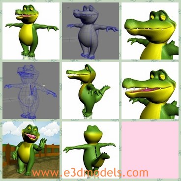 3d model the green carton figure - This is a 3d model of the green cartoon figure,which is small and cute.The animal is crocodile in water,which  is fully rigged and finely skined.