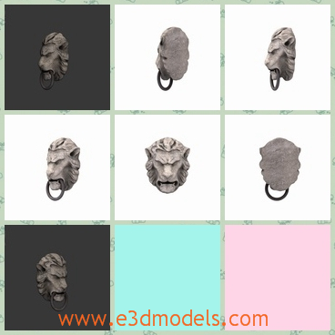 3d mmodel of lion head door knocker - This 3d model is about a lion head door knocker. This knocker is made of iron and there is an iron ring attached to it.