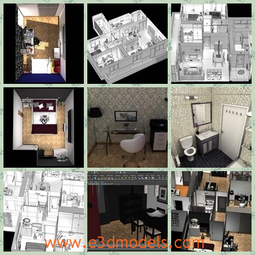 3d model a building for living - This is a 3d model of a detailed residential building,which can also be called as an apartment.The building has a living room,a kitchen,and a bathroom.