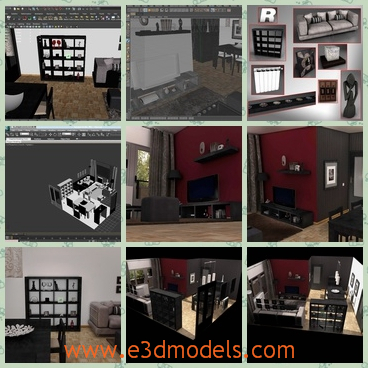 3d model a living room with decorations - This is a 3d model of a living room,which is decorated in red wall.The furniture is arranged in order.