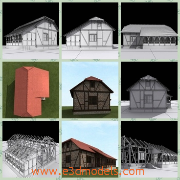 3d model a village house with a tilted roof - This is a 3d model of a village house,which has a tilted roof with it.The house is made of timber and bricks.