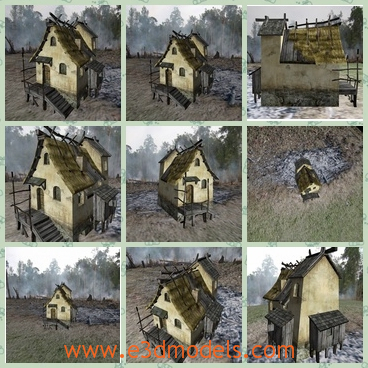 3d model medieval huts ruined - This is a 3d model of medieval huts ruined with reel stick.Hut,grass and tree and available.The environment is beautiful and quiet.