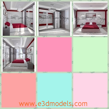 3d model modern bedroom - This is a 3d model of a Modern bedroom,which looks like a hotel room.The red quilt,the white wall and the neat environment lead to the romantic atmosphere.
