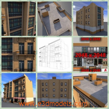 3d model of a big building - This is a 3d model of a big building. This building has yellow walls and many rectangle windows with dark frames.