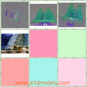 3d model of a grand building - This 3d model of the city scene shows us a grand modern building. This building looks like a huge pyramid and it has a glossy sliver surface.