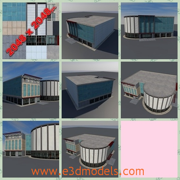 3d model of a gray building - This is a 3d model which is about a gray building. This building has a cuboid part plus a cylindrical part. It has an even gray rooftop.