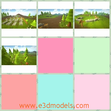 3d model of a green land - This 3d model is about a green land where you can see many big green trees, some white stone constructions and a wooden guidepost.