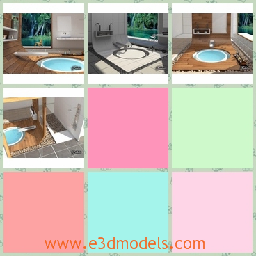 3d model of a large bathroom - This is a 3d model about a large bathroom which has brown wooden flooor and a big round tub inserted in the wooden floor.These are easily customizable materials, colors, disposition and illuminationThe scene is suitable either for high-end renderings and animations.