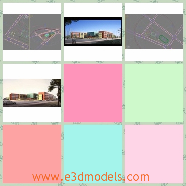 3d model of a school - This 3d model is about the campus in a school. On the campus we can see sveral teaching buildings with red walls.