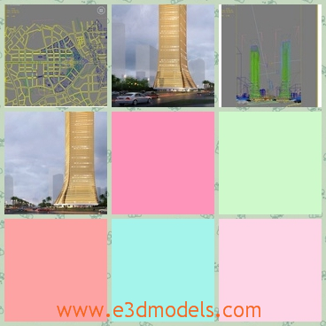 3d model of a skyscraper tower - This 3d model is about a very tall tower which has shiny golden surface and it looks like a cuboid with a large base.