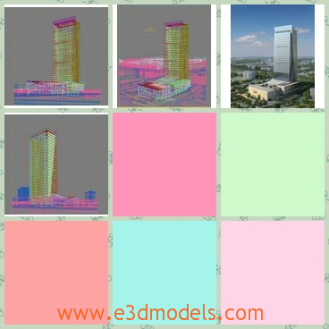 3d model of a sliver building - This 3d model presents us a full view of a sliver building in the city. This building has a cubic shape and is covered by shiny glasses.