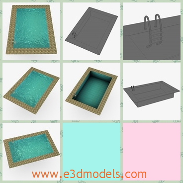 3d model of a swimming pool - This 3d model is an oblong swimming pool with clean blue water. This model includes high textures with maps.All textures are UV mapped for easy editing.Perfect for games, scenes or renders.