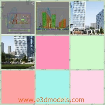 3d model of a tall white building - There is a 3d model depicting a tall white building in the city. The building has countless glass windows and before there is a large area of green lawn.