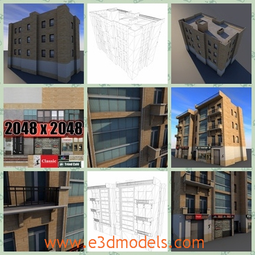 3d model of a yellow building - There is a 3d model which is about a large yellow building. This building has many small balconies and big windows.