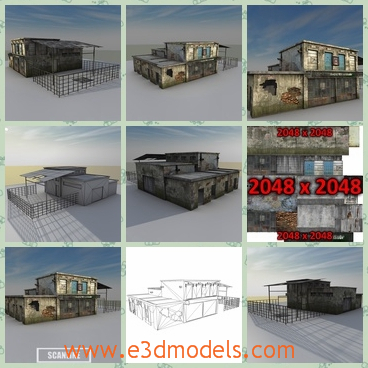 3d model of abandoned building - This is a low-poly abondened building 3d model which is ideal for game and real time engines.This building has shabby gray walls and two storeys.