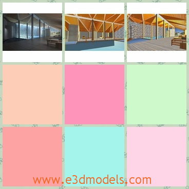 3d model of an indoor pool - This 3d model is about an indoor pool which is an oblong pool with pale blue water and above it we can see a pretty yellow ceiling.