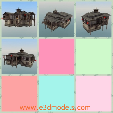 3d model of Asian house - This is a 3d model which is about a large Asian house. This house consists of several rooms and passages and it has gray roofs and wooden walls.