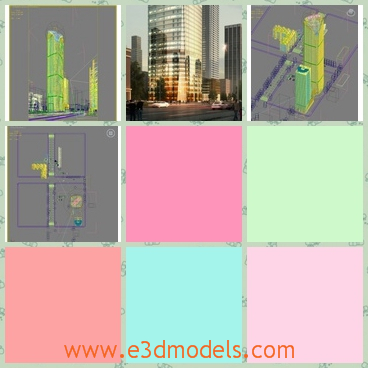 3d model of city building 009 - This is a 3d model of the city which includes tall modern buildings and a few green trees.There one can see cars, busy streets and wonderful skyscrapers.