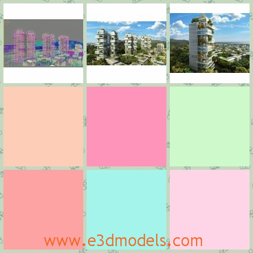 3d model of many buildings - This 3d model shows us many buildings in the city. These buildings are of the same structure and color and around them we can see many green plants.