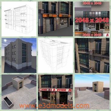 3d model of mix use building - There is a 3d model which shows us a mix use building. This building has brown walls and a flat rooftop where there is a small house.