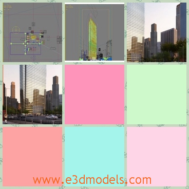 3d model of several tall buildings - There is a 3d model of several tall buildings. These buildings are long but narrow with shiny surfaces. Before them we can see busy streets full of people and cars.