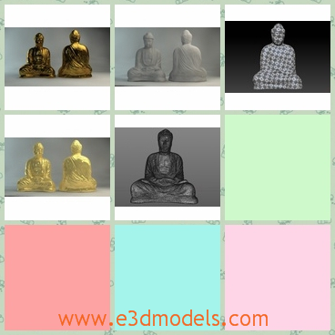 3d model of sitting buddha statues - There we can see a 3d model which is about two sitting buddaha statues. These two statues have golden surfaces and they have kind facial expressions.
