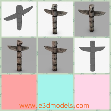 3d model of totem pole - This 3d model is about an ancient totem pole. This totem pole is carved on a wooden pole and we can see an eagle head on the top.