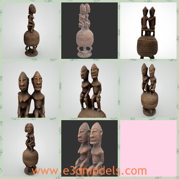 3d model the african wooden carving - This is a 3d model of the African wooden carving,which is primitive and native.The carving is made in pairs and the woman and man are sitting.